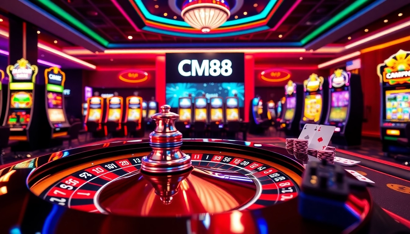Experience the thrill of CM88 with vibrant gambling visuals featuring roulette and slot machines.