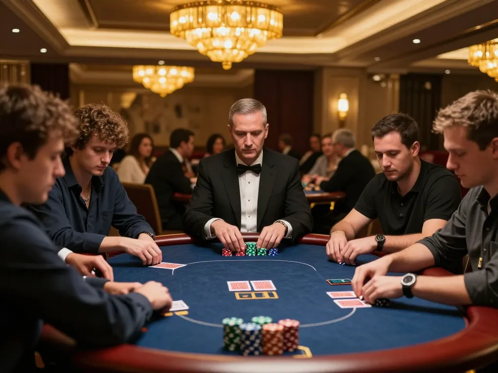 Players strategizing their bets in a high-stakes poker game at a casino featuring j88.