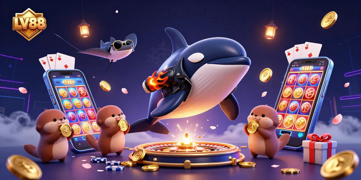 Experience vibrant gaming excitement with LV88 through a dynamic illustration showcasing casino elements and characters.